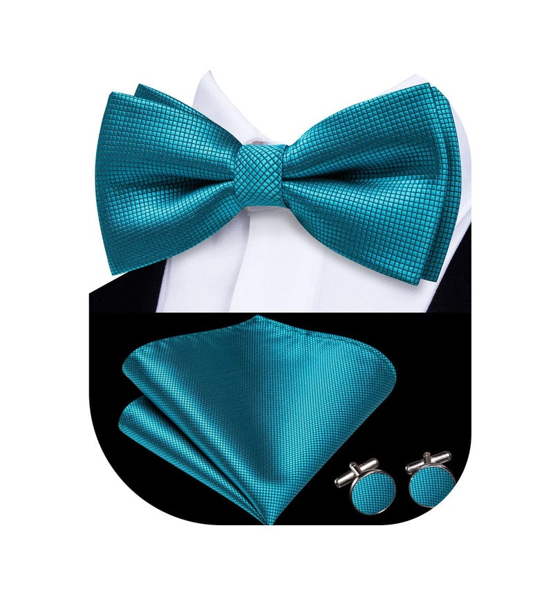 Dubulle Mens Teal Paisley Striped Bowtie Set Pre-tied Bowtie for Men and Pocket Square Set Wedding Business - Image 1